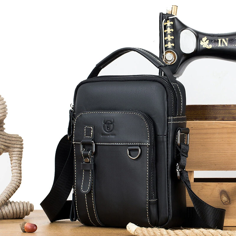 (image for) BULLCAPTAIN Genuine Leather Men's Shoulder Bag Small Handbag Fashion Crossbody Bag for Men Daily Casual Travel Messenger Bag for 7.9inch Ipad